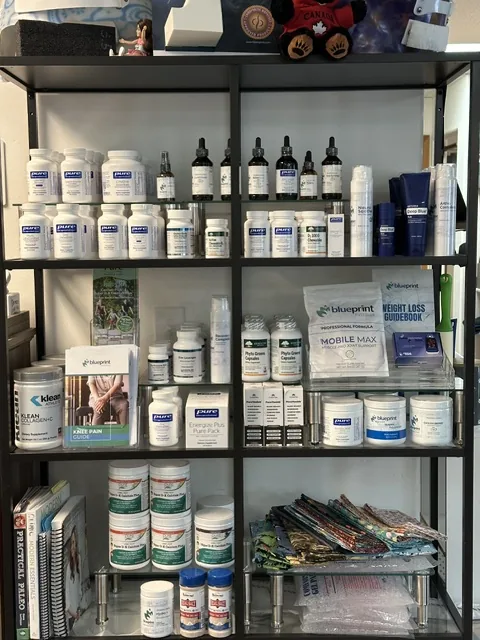 The supplement shelf at Spine and Scoliosis Clinic